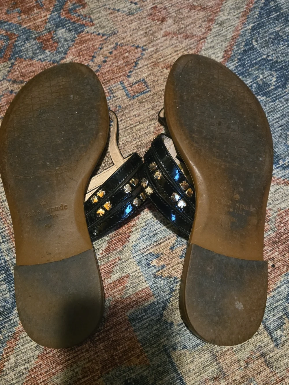 Black Patent T-Strap Women's Sandals with Stud Accents
